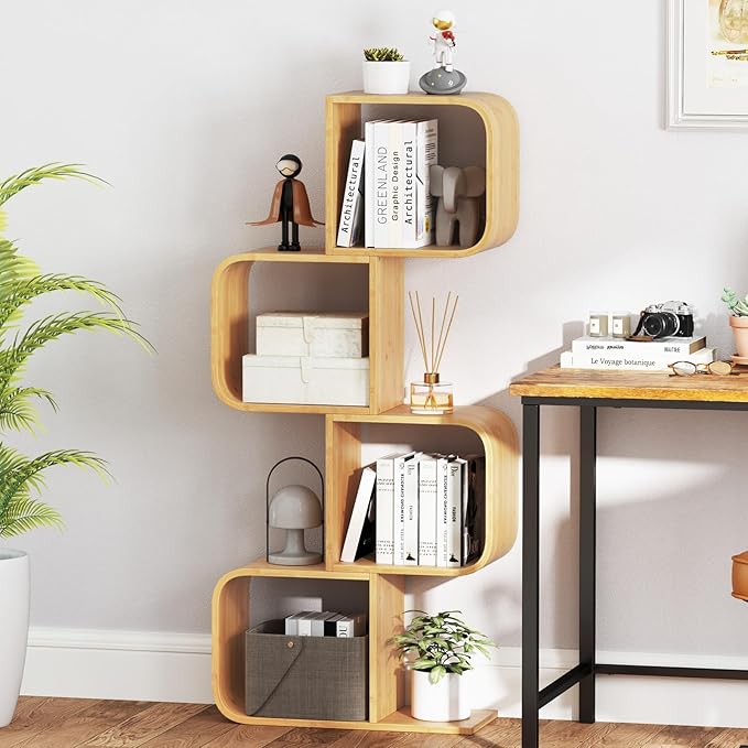 Giantex S-Shaped Bookcase, 4-Tier Bamboo Bookshelf with 4 Open Cubes, Geometric Corner Display Shelf, Decorative Storage Organizer, Floor Storage Rack for Living Room, Home Office, Natural