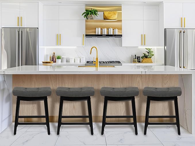 Counter Height Bar Stool Kitchen Counter Modern Backless Barstool with Upholstered Faux Leather Seat and Solid Wood Leg Farmhouse 24 inch Bar Chair, Grey + Black, 1pc