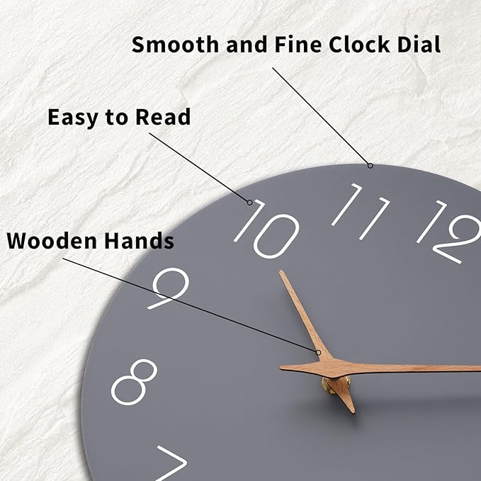 Mosewa Wall Clock 12 Inch Gray Silent Non Ticking Battery Operated Modern Simple Clock Decorative for Kitchen Home Bedroom Bathroom Office Living Room