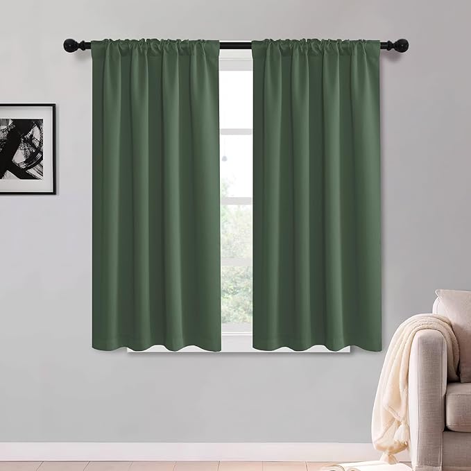 KGORGE Room Darkening Curtains 54 inch Length, Privacy Thermal Insulated Noise Reducing Small Window Treatments for Bedroom Living Room, Back Tab, 2 Panels, W52 x L54 inches, Dark Green
