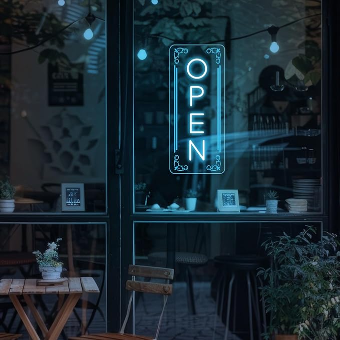 Vertical LED Open Signs for business – Super Bright - UV Printing Pattern, Remote Included - Large Size 12x30'' - Neon Open Sign for Café, Bar, Shop & Business Sign (Ice Blue)