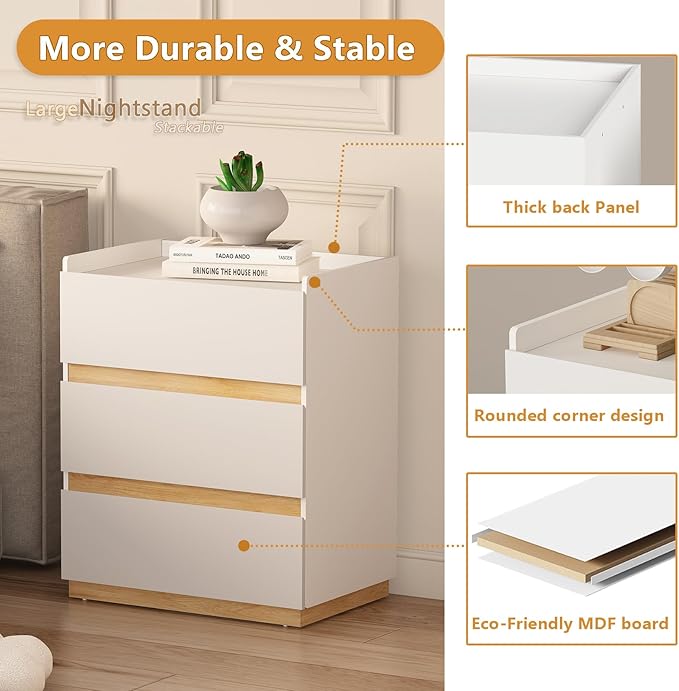 Large Modern Nightstand White Bedside Table, 3 Drawer Dresser Wood Stackable Storage Drawers for Clothes for Closet, Bedroom, 24"x16"x29"