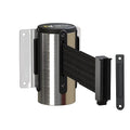 Montour Line WM115 Wall Mounted Retractable Belt Barrier with Standard Belt End, Fixed Mount, Polished Stainless Steel Casing (8.5 ft Black Belt)
