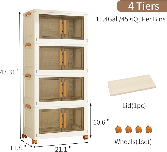 Plastic Stackable Storage Bins with Lids and Wheels, 182.4QT-45.6QT*4Tier Foldable Closet Organizers and Containers, Collapsible Clear Drawer Storage Cabinet with Doors Ivory White