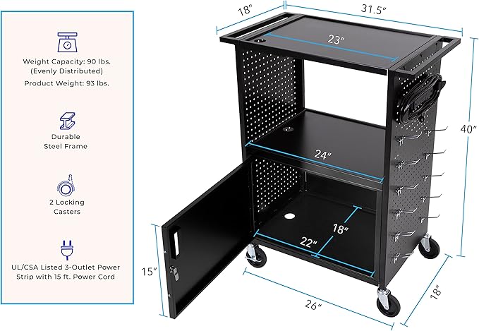 Line Leader Stellar AV Cart - Computer Cart with Customizable Pegboard & Hooks, Locking Cabinet, UL Certified Power, Mobile Workstation with Locking Wheels, Ideal for Laptop & Charger Storage