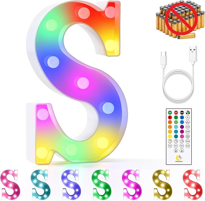 mooncow Rechargeable Light Up Letters,Colorful Marquee Letters with Remote,Gift Wrap Gifts,Bedroom Home Bar Party Decor (S)