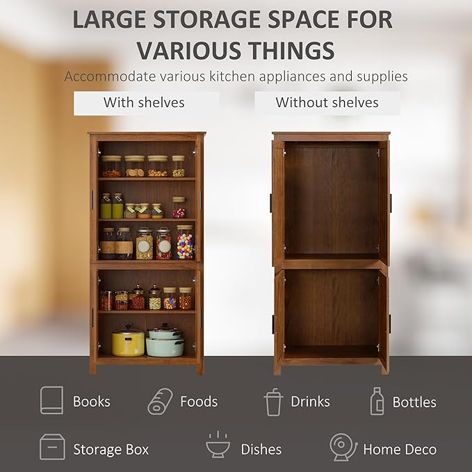 HOMCOM 64" Kitchen Pantry Cabinet, Freestanding Storage Cabinet with 4 Doors and 3 Adjustable Shelves for Dining Room, Oak