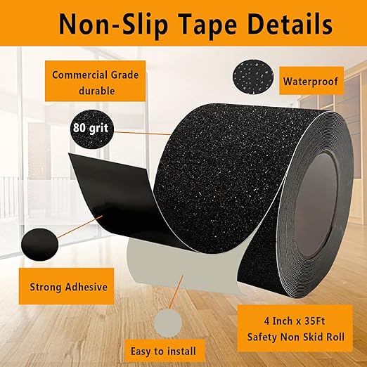 Anti Slip Grip Tape for Stairs Non-Slip Strips Non Skid Safety Tape for Outdoor/Indoor Steps, Stairs, Traction Tread Staircases, Boats (Black, 10cm*10m/4Inch x 35Ft)