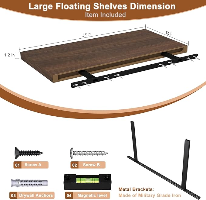 12 Inch Deep Floating Shelves for Wall 3 Pack Floating Shelfs Large Storage Space Wall Decor Display Shelf for Bathroom Living Room Bedroom Kitchen 36" W x 12" D x 1.2" H Walnut