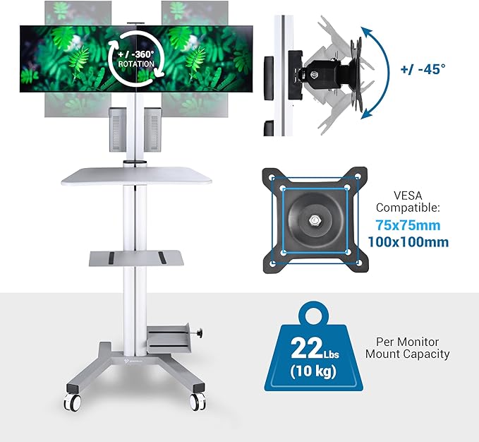 Yescom Mobile PC Stand Workstation with 2 Poles Dual Monitor Mount for 32" Screen Sliver