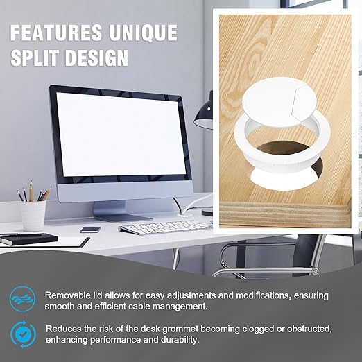 2-3/8" Spring Desk Grommet, JTemgle Plastic Cable Hole Cover Computer Table Cord Wire Organizer Caps Desktop Cord Management for Home Office TV Stands Tabletops - White, 2 Pcs