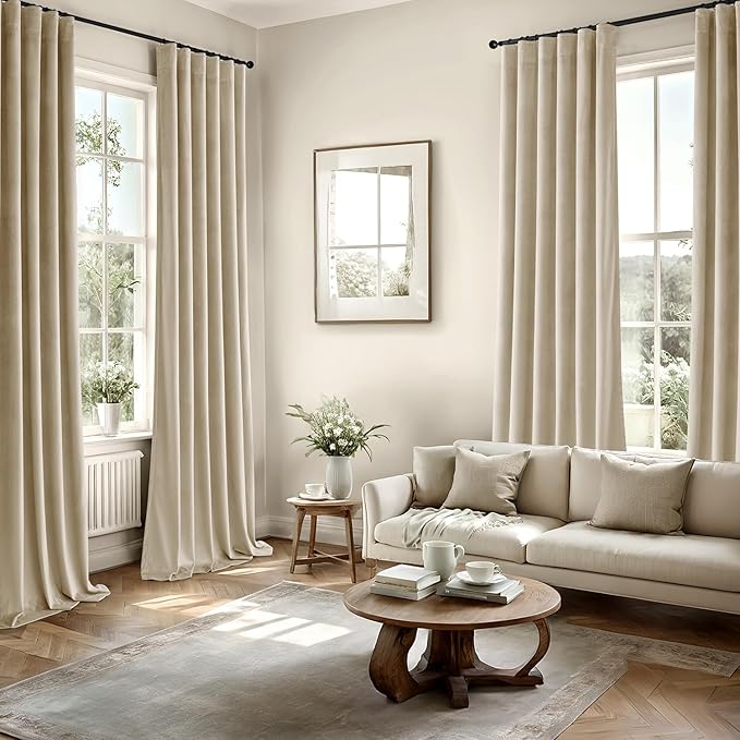 MIULEE Velvet Curtains 84 Inches Long 2 Panels Set for Bedroom, Pinch Pleat Back Tab Luxury Thermal Insulated Living Room Darkening Drapes Pleated Blackout Window Curtains with Hooks, Beige
