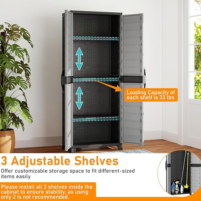 Giantex 68-inches Garage Storage Cabinet, PP Lockable Storage Shed with Doors, Freestanding Tool Locker with 3 Adjustable Shelves, Heavy-Duty Shelving Unit for Pantry, Basement, Laundry Room, Mudroom