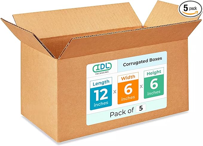 IDL Packaging - B-1266-5 Small Corrugated Shipping Boxes 12"L x 6”W x 6"H (Pack of 5) - Excellent Choice of Strong Packing Boxes for USPS, UPS, FedEx Shipping