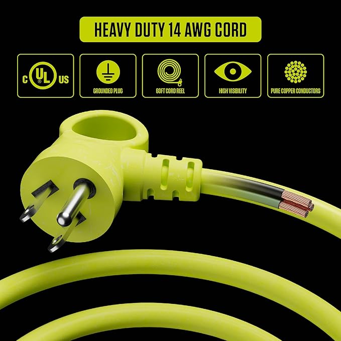 Masterplug 60ft Cord Reel, Retractable Extension Lead with Winding Handle, Safety Overload Circuit Breaker and Power Switch, 4X Grounded Outlets, 13amps, 14AWG Cable