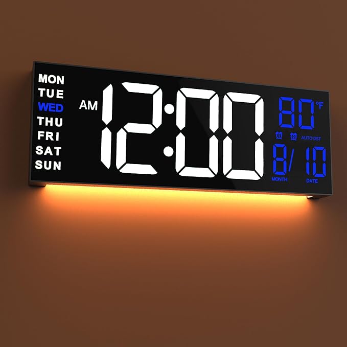 JALL 16" Large Digital Wall Mount Clock, Count Down Timer, Alarm, Big LED, RGB Color, DST, Temperature for Living Room Classroom Desk, Xmas, Birthday Gift for Senior Mom Dad (White Blue, 16 inches)