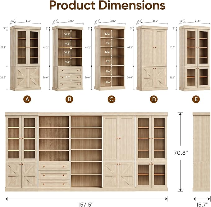 Vyre 70.8" Tall Farmhouse Bookshelf with Glass Doors, Modular Bookcase with 6-Tier Adjustable Shelves, Large Storage Cabinet for Kitchen, Living Room, Set of 2, Brown