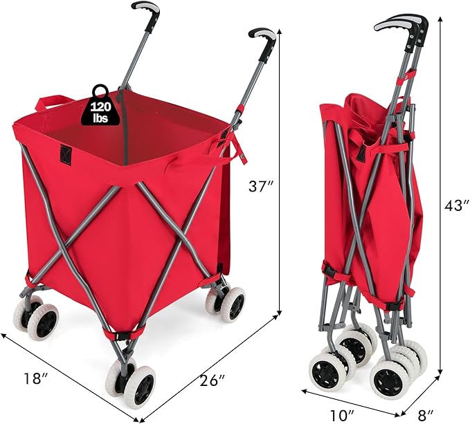 GOFLAME Folding Shopping Cart on Wheels, Waterproof Grocery Cart with Removable Cover and 360° Swiveling Wheels, Collapsible Utility Cart for Groceries and Laundry, 120LBS Load Capacity, Red