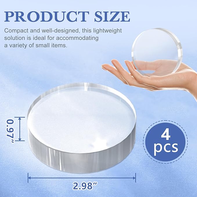 Acrylic Blocks 3 X 3 X 1 Inch 4 Pcs Acrylic Base Stand for Display Clear Block Round Riser Display Stands Pedestal Polished Cube for Jewelry trophy Props Collection Ring
