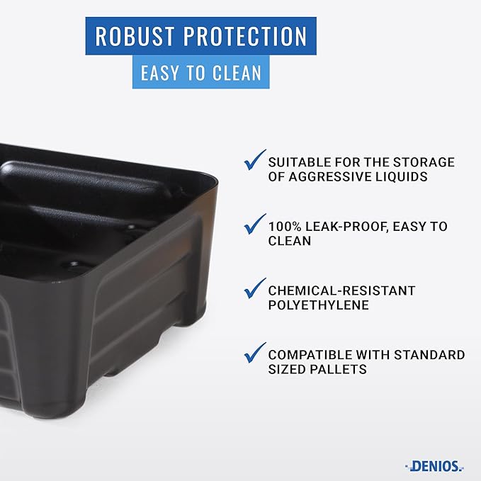Denios Spill Containment Tray- 5.2 Gallon Spill Tray Capacity -Without Grate- 15.8""X15.8""X7.1 in (Extra Small), Black