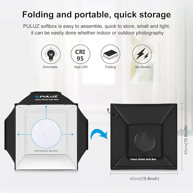PULUZ Portable Photo Studio Light Box, 16x16 inch Professional Dimmable Shooting Tent Kit Soft Box with 480pcs LEDs Lights 4 Backdrops for Jewelry and Small Product Photography Props Upgrade 16 inch