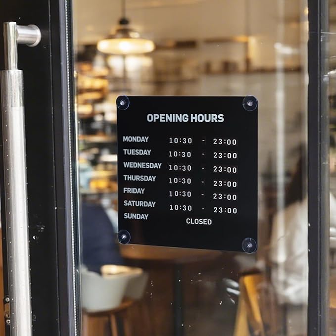 Metal Business Hours Sign with Suction Cups - Magnetic Open Closed Display Board for Storefront Window, Glass Door, Tile Wall & Counter - Changeable, Reusable & Rust-Resistant Steel Kit