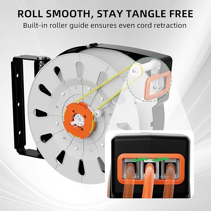 50 FT Retractable Extension Cord Reel, Heavy Duty 12AWG/3C SJTOW Power Cord, Lighted Triple Tap, 15A Circuit Breaker, Wall/Ceiling Mount Electric Cord Reel for Garage & Workshop, ETL Listed, Orange