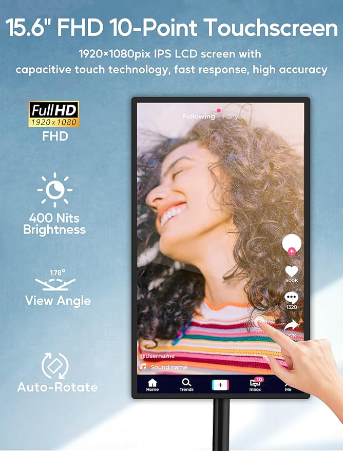 15.6" Digital Signage Capacitive Touchscreen Advertising Display with Adjustable Stand, 10000mAh Battery, Android 11 Commercial LCD Monitor with Auto Play, Wireless Screen Mirroring, 4+64GB