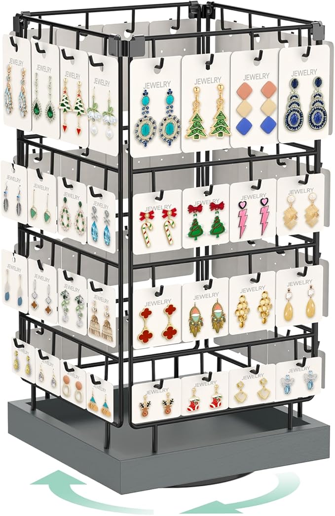 EsLuker.ly Rotating Earring Display Holder Stand for Vendors Events Selling, Large Capacity 64 Hooks Jewelry Rack with Wooden Base for Earring Card Sales, Enhances Retail Visibility(Dark Grey)