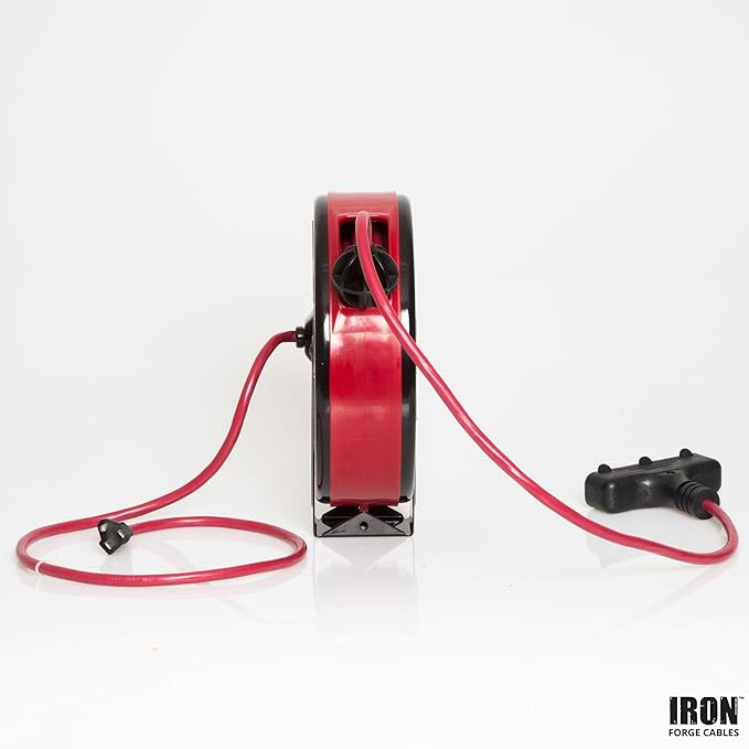 IRON FORGE CABLE 30Ft Retractable Extension Cord Reel with Breaker Switch & 3 Electrical Power Outlets - 16/3 SJTW Durable Red Cable - Perfect for Hanging from Your Garage Ceiling