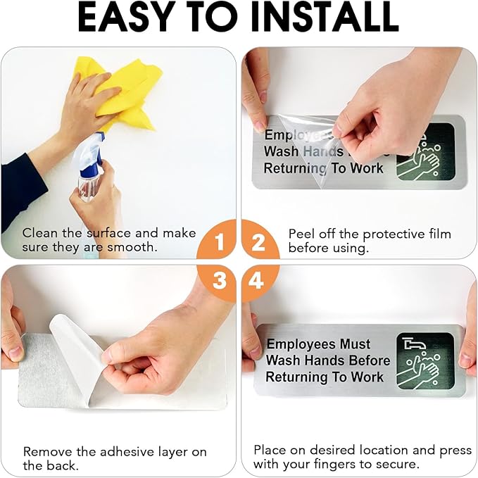 Faittoo Employees Must Wash Hands Before Returning to Work Sign, (4 Pack) Rust Free Brushed Aluminum Sign with Symbols, Self-adhesive, for Restaurant, Salons, Hotel, Rest Stops, Public Restrooms