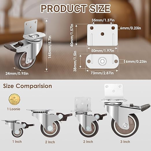 W B D WEIBIDA 3 Inch Side Mount Casters Wheels, L-Shaped Rubber Casters Set of 4, 360 Degree Ball Bearing Swivel Casters, Heavy Duty Locking Casters Wheels for Workbench, Baby Beds, Cabinets, Tables