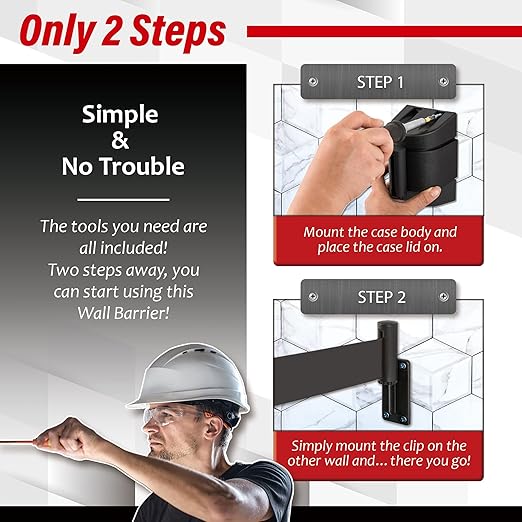 DuraSteel Wall Mount Retractable Belt Barrier - 6.5 Ft Black Safety Belt in Black Casing - Guardian 2.0 Indoor & Outdoor Do Not Cross Caution Tape for Crowd Control Queue Barrier, Line Divider, 10 Pcs