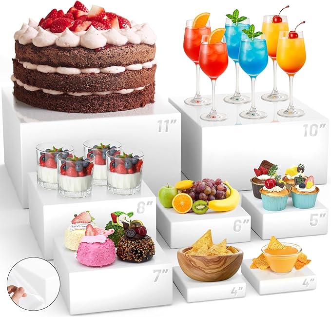 8 Pcs Buffet Food Risers,11" Large Acrylic Dessert Cupcake Table Stands White Fruit Display Shelf Catering Supplies Party Jewelry Show Decor Risers With Protective Film（11",10", 8", 7",6",5",4", 4")