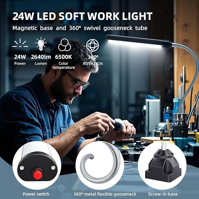 24W LED Work Light, 2400Lumen FlexibleGooseneck Work Light with Screw FixationBase,Industrial Lighting for Lathe CNC MillingDrill Press Sewing Machine,Durable WorkshopLamp for Garage & Factory