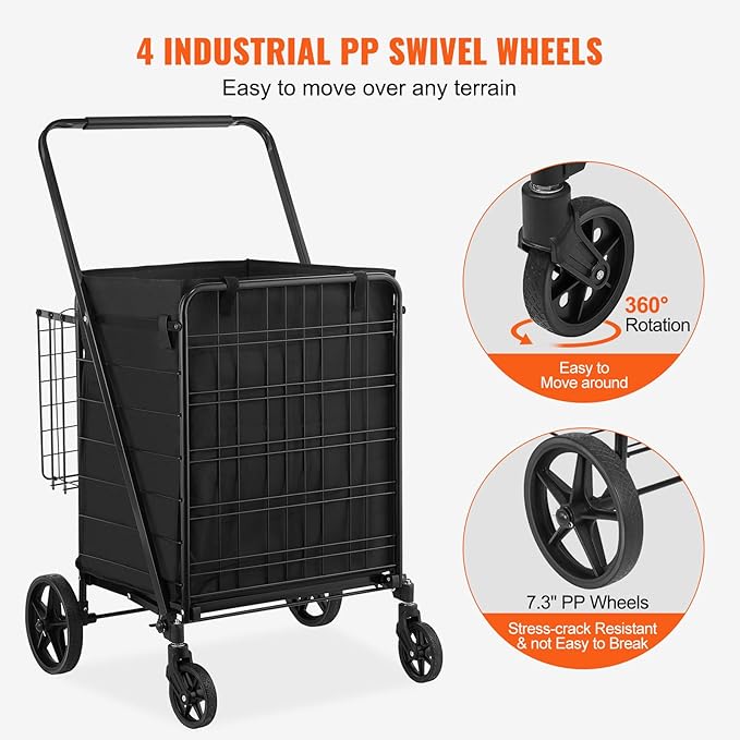 VEVOR Folding Shopping Cart with Removable Waterproof Liner, 330LBS Large Capacity Jumbo Grocery Cart with Dual Basket, 360° Swivel Wheels, Dense Metal Mesh Base, Heavy Duty Utility Cart for Shopping