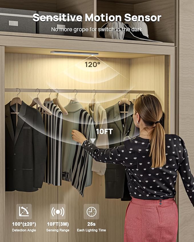 Under Cabinet Lights Wireless,12" Motion Sensor Light Indoor with Remote Control,2500mAh LED Rechargeable Battery Operated Closet Light,3 Color Temps,Under Counter Lights for Kitchen,Stairs,Hallway