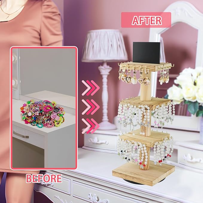 Bracelet Holder Display, 3 Tier Wooden Rotating Display Stand for vendors, 60 Hooks for Bracelet, KeyChain, Necklace, Jewelry