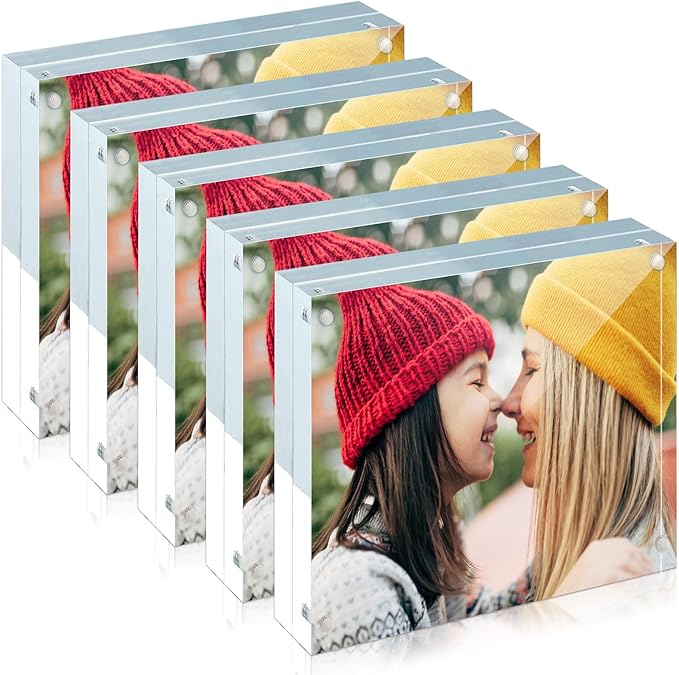 ILYXY 5 Pack Acrylic Frame 6x6, 20% Thicker, 24mm Thick Frameless Clear Square Picture Frame, Double Sided Magnetic Photo Frame, Free Standing Desktop Display Stand Acrylic Picture Frames