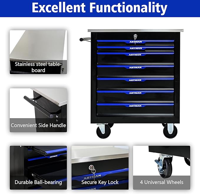 7 Drawer Rolling Tool Chest with Locker, 25.9" D Metal Movable Lockable Tool Cart Box Multi-Functional Hardware Storage Cabinet Box for Warehouse Basement Home Pantry Garage