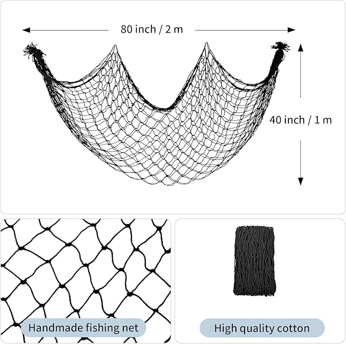 Decorative Fishing Net 80x40 Inch,Patioland Large Black Picture Fish Net, Wall Photo Hanging Fishnet for Nautical Mermaid Pirate Ocean Themed Hawaii Beach Under The Sea Party Decorations (1PCS)