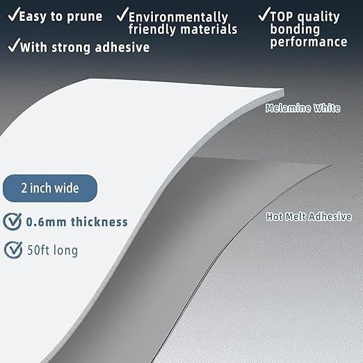 White Melamine Edge Banding, 2 inch x 50ft roll of Veneer Edge Banding Pre-glued, Real Wood Tape Banding for Cabinet Repair