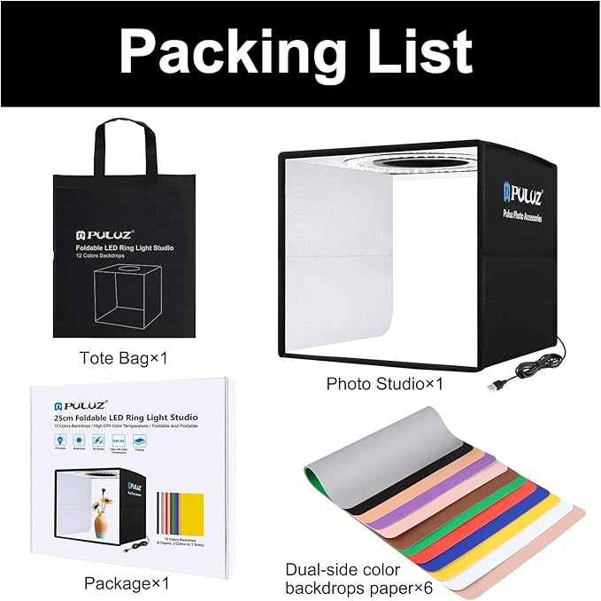 Photo Studio Light Box, PULUZ Mini Folding Lightbox LED Ring Light Portable Photo Box Shooting Tent Box Kit 12 Colors Backdrops USB Light Box Photography for Small Items Product Photography 10"x10"