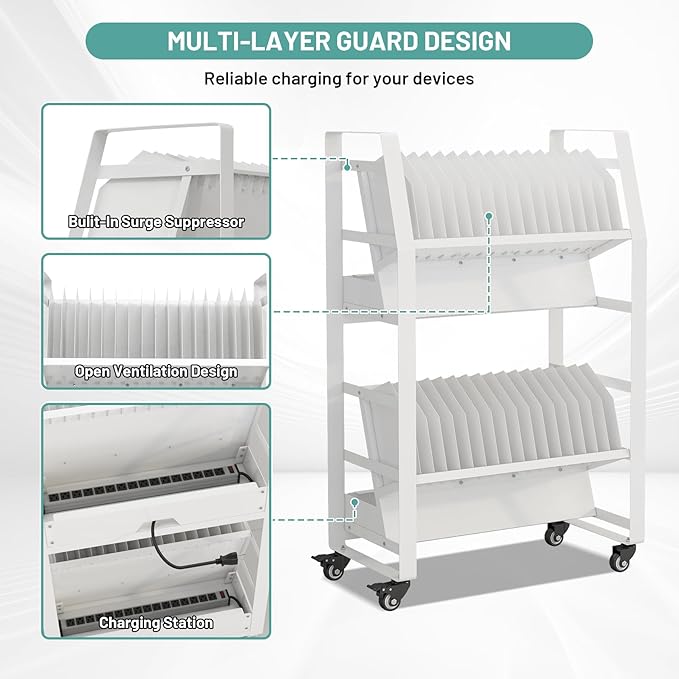32 Device Mobile Open Charging Cart, Charging Station Rack, Easy Access and Removable Slots, Charging Storage Cart, Cable Management for Laptop Computers, Tablets, iPads, Chromebook for schools