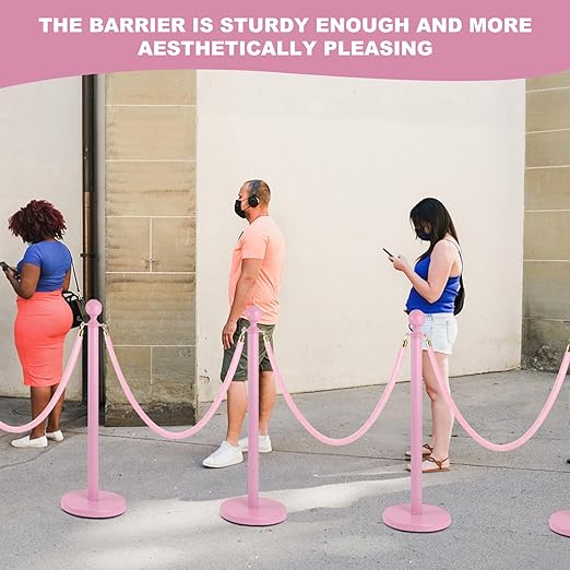 4 Pack Pink Stanchion Post, 5 ft Red Velvet Rope Pink Carpet Ropes and Poles, Stainless Steel Stanchions for Grand Opening Casino Theme Party Decorations Crowd Control Barriers