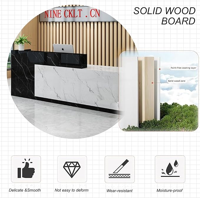 PLMOKN Wood Reception Desk Marble Stone with Checkout Retail Counter L Shaped Modern Mostrador para Negocio Office Desk Closed Front with Storage Drawers for Barber,Salon,Clothing Store