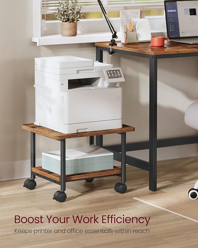 VASAGLE Heavy-Duty Printer Stand with Locking Wheels, 2-Tier Industrial Mobile Cart with Storage Shelf, Under Desk Printer Table for Home, Office, 13.4" Height, Rustic Brown and Black UOPS002B01