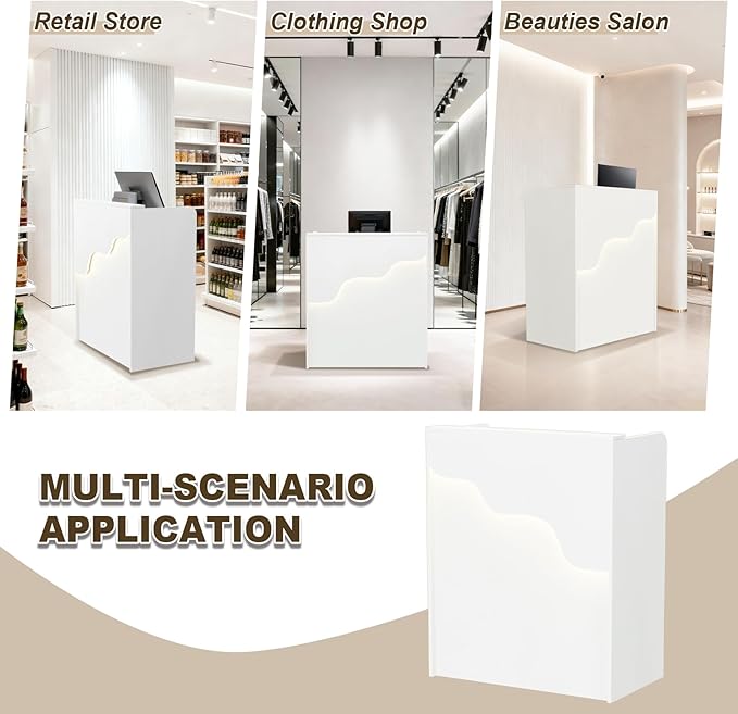 Reception Desk with Counter LED Light, Modern Front Desk with Lockable Drawer, White Retail Checkout Counter for Clothing Store Lobby Beauty Salon (White, 37.8x31.5x15.7in)