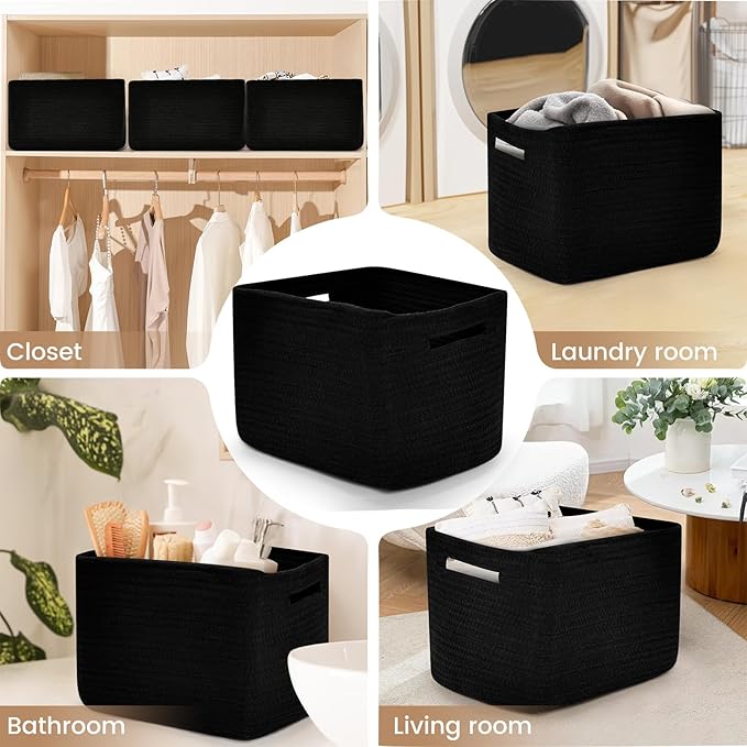 3 Pack Shelf Woven Storage Basket, 15 x 10 x 9” Closet Rope Baskets For Organizing, Square Bins with Handles, Black
