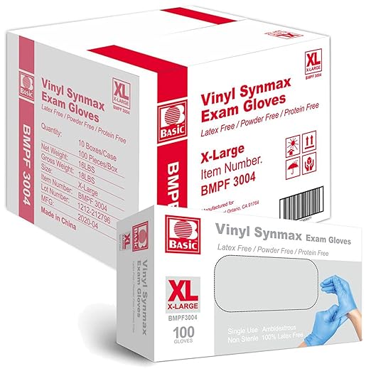 Jointown Basic Vinyl Exam Gloves-Safty Glove Latex-Free & Powder-Free, Synmax Disposable Medical Glove XLarge (Case of 1000, Blue)